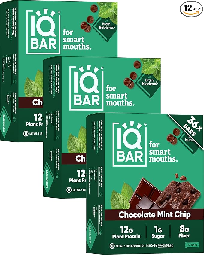 IQBAR Brain and Body Clean Plant Protein Bars - Chocolate Mint Chip - 36 Bars - Keto, Vegan, High Fiber, Gluten and Dairy Free, Low Sugar Snack with Nutrients for Focus, Energy, Meal Replacement