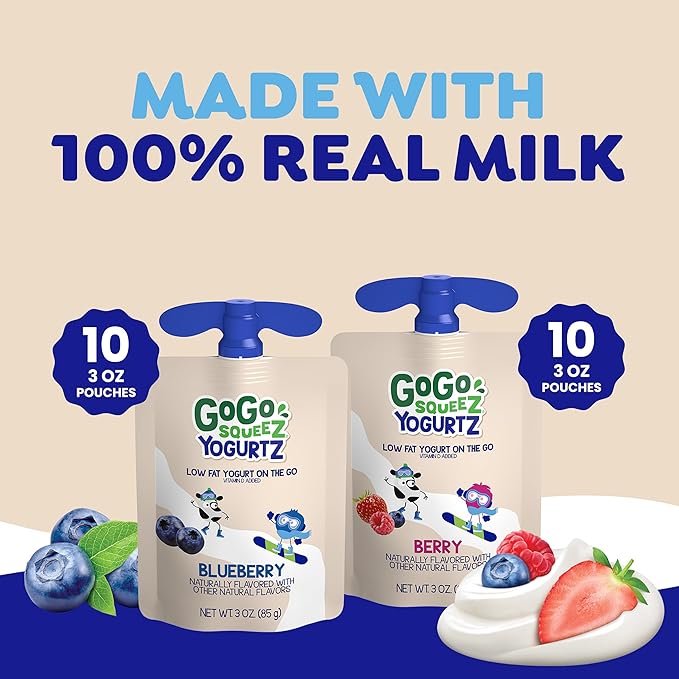 GoGo squeeZ yogurtZ Variety Pack, Blueberry & Berry, 3 oz, Kids Snacks Made from Real Yogurt and Fruit, No Fridge Needed, Gluten-Free, Nut Free, Recloseable Cap, BPA Free Pouches, (Pack of 40)