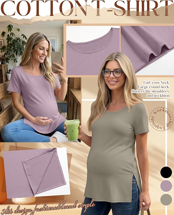 3 Pack Women's Maternity Shirts Short Sleeve Round Neck Side Split Pregnancy Tops Loose Summer Casual Mama Clothes