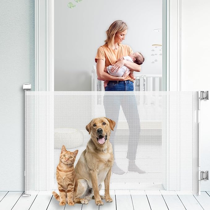 Upgraded Retractable Baby Gate for Stairs, 33"Tall Expands 71"Wide Ideal Safety Solution Dog Gate for Stairs Doorways Hallways Indoor Outdoor Mesh Baby Gate Retractable Screen Door(White,86CMx180CM)