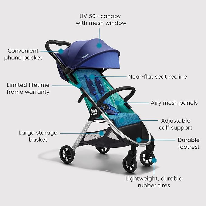 Baby Jogger City Tour 2 Ultra-Compact Carry-On Approved Travel Stroller in Coastal with Belly-Bar Lightweight Easy Fold Ideal for Traveling and Everyday Adventures