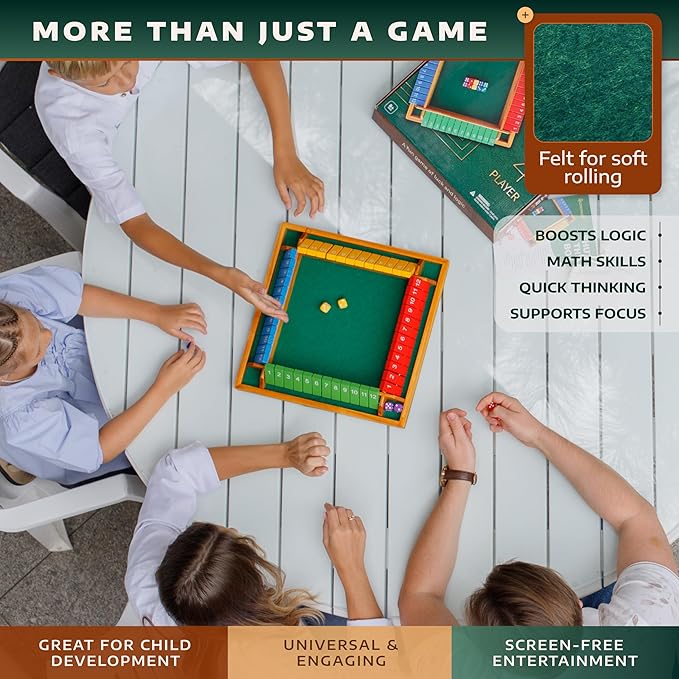 Shut The Box Game Wooden Board for 4 Players - 14-inch Shut The Box Game 12 Numbers for Adults & Kids - Ideal for Games Night