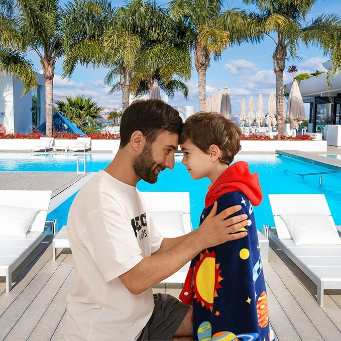 VOOVA & MOVAS Kids Hooded Towels Age 3-8, 30''X50,Soft | Thick | Absorbent Cotton Beach, Bath, Pool Towel | Wrap, Oversized for Boys Girls | Space Theme