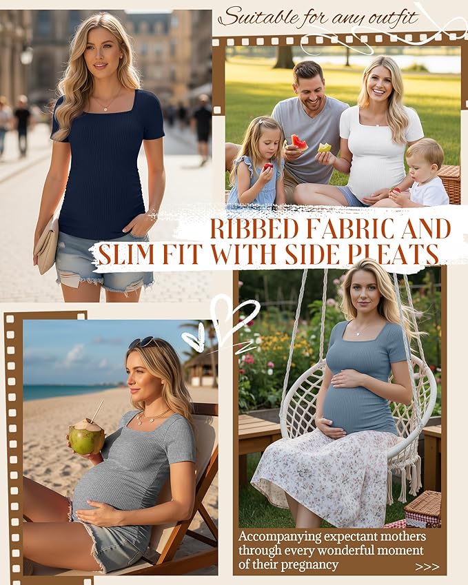 Huukeay 4 Pack Women's Maternity Shirts Cotton Ribbed Short Sleeve Square Neck Pregnancy Tops Side Ruched Summer Tee