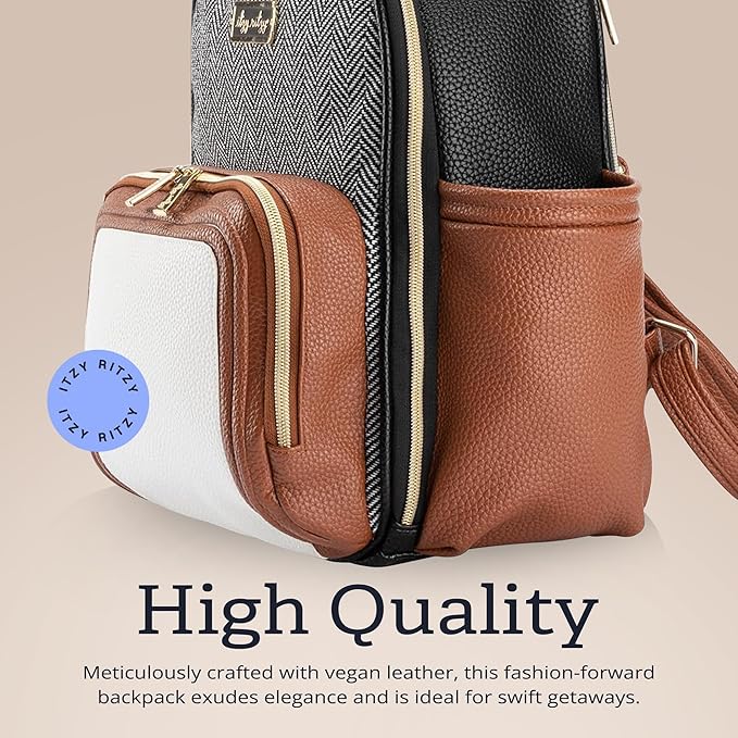 Itzy Ritzy Mini Diaper Bag Backpack – Chic, Compact Mini Plus Backpack with Changing Pad, 10 Pockets (6 Internal, 4 External), Grab-Top Handle & Rubber Feet (Coffee & Cream)
