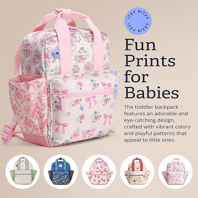 Itzy Ritzy Toddler Backpack - Daycare Bag - Features Adjustable Shoulder Straps, 2 Side Pockets & Spacious Interior with Wipeable Fabric Lining & Name Label, Ribbons & Roses Backpack