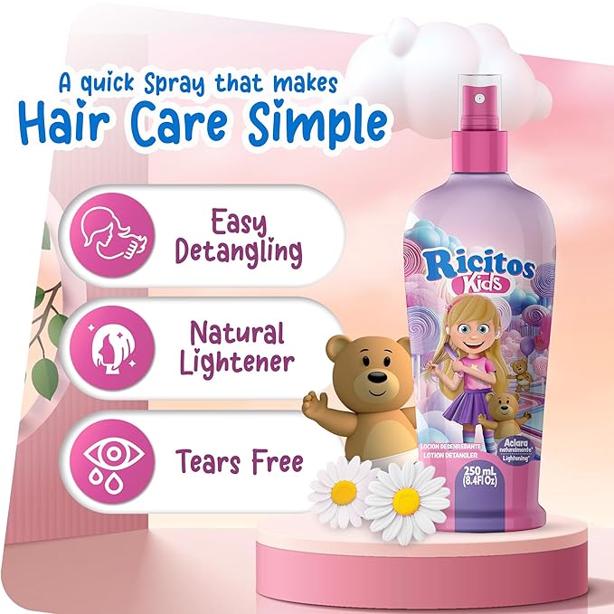Ricitos Kids Chamomile Hair Lotion Leave-In Detangler, Natural Lightening Spray for Girls, Gentle Paraben-Free Formula for Easy Brushing, Knot-Free Hair, Soft Texture and Shine, 8.4 Fl Oz, Pack of 3
