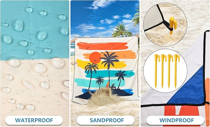 Beach Blanket Waterproof Sandproof Beach Mat 79" X 83"/10'x9'for 2-8 Adults Quick Drying Outdoor Picnic Mat Beach Accessories for Travel, Camping, Hiking