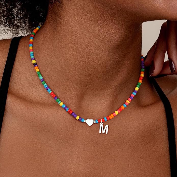 Valentines Day Gifts for Kids Women Girls - Colorful Beaded Initial Necklace Teen Girls Trendy Stuff Dainty Letter Choker Necklace Valentines Day Gifts for Her Mom Wife Jewelry