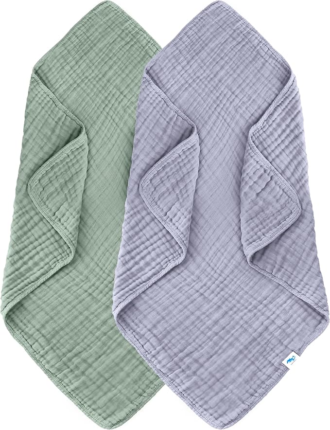 SWEET DOLPHIN Muslin Baby Bath Towels Blanket - 2 Pack 100% Cotton Towel for Babies, Infants, Toddlers - 40x40Inch - Highly Absorbent, Green and Grey