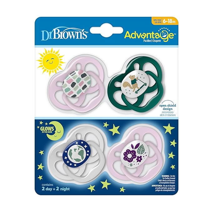 Dr. Brown's Advantage Baby Pacifier, Fully Symmetrical Soother with Soft Silicone Bulb, Glow-in-The-Dark Blue Nature-Purple Nature, 6-18m, BPA-Free, 6-Pack