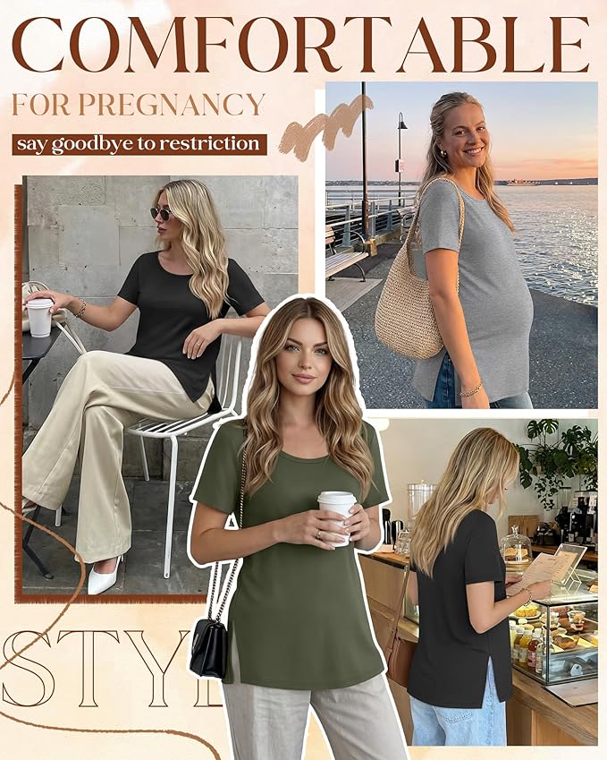 3 Pack Women's Maternity Shirts Short Sleeve Round Neck Side Split Pregnancy Tops Loose Summer Casual Mama Clothes