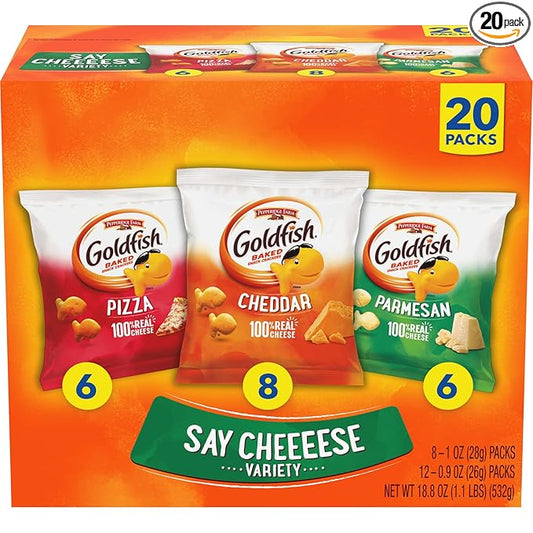 Goldfish Crackers Say Cheeeese Variety Pack with Cheddar, Pizza and Parmesan, Snack Packs, 20 Ct (18.8 Ounces)