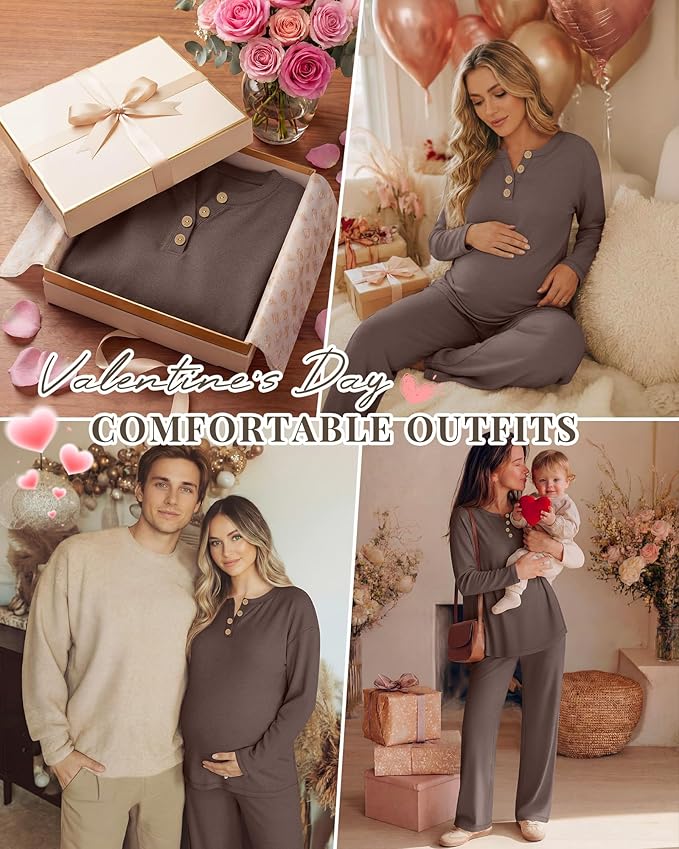 2 Piece Thermal Maternity Lounge Set Postpartum Pregnancy Fleece Loungewear Long Sleeve Top and Wide Leg Pant