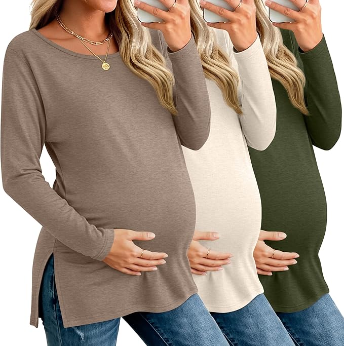 Riyiper 3 Pack Women's Maternity Long Sleeve T-Shirts Round Neck Side Split Tops Loose Casual Pregnancy Mama Clothes Fall