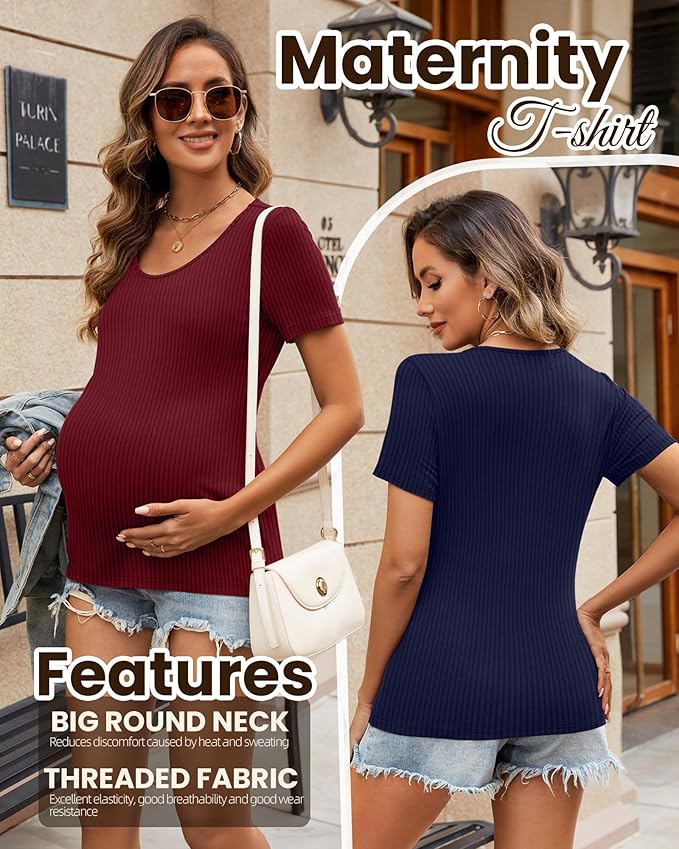 Neer 3 Pack Women's Ribbed Maternity Tops Pregnancy Round Neck Shirts Short Sleeve Soft Maternity Clothes for Mama