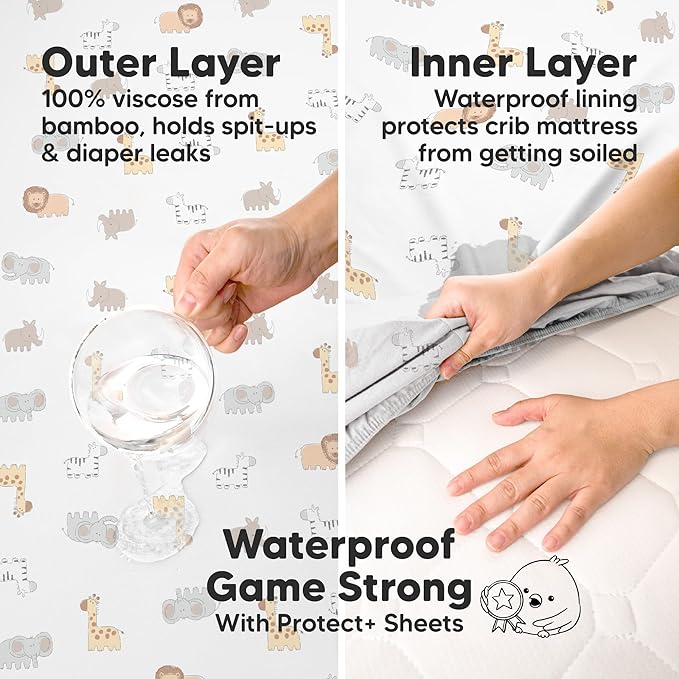 2-Pack Waterproof Pack and Play Sheets, Mini Crib Sheets Fitted for Boy, Girl - 38 x 26 Viscose from Bamboo Pack N Play Mattress Sheets for Graco, Toddler Playard Baby Crib Sheets Neutral (KeaSafari)