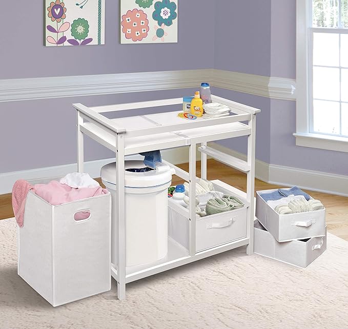Badger Basket Modern Baby Changing Table - Nursery Furniture with Laundry Hamper and 3 Storage Drawers - Diaper Changing Station with Safety Belt, Changing Pad, and Organizer Baskets - White