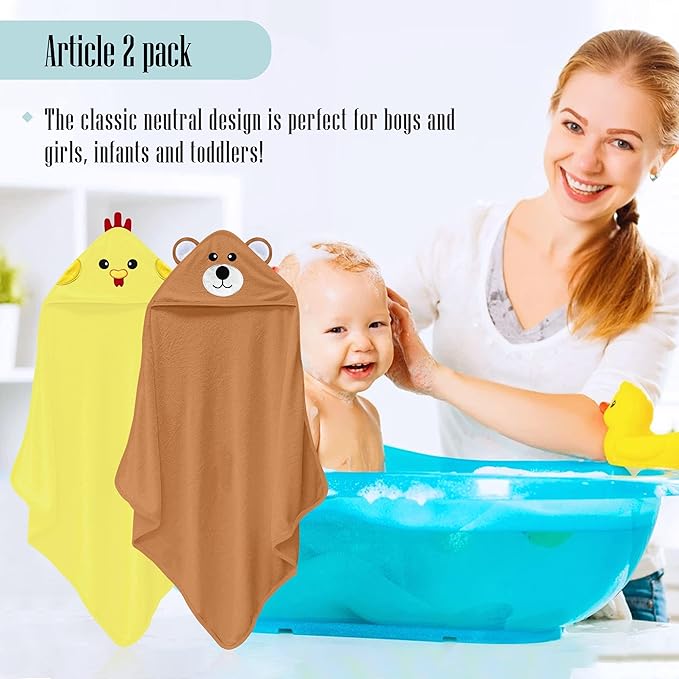 Cute Castle 2 Pack Hooded Baby Towel Rayon Made from Bamboo with 8 Washcloths - Soft Bath Towel for Bathtub for Babie, Newborn, Infant, Natural Baby Stuff Towel (Bear and Chicken)