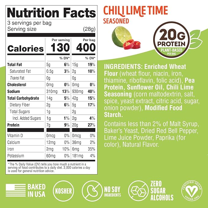 Lenny & Larry's FITZELS Protein Pretzels (Chilli Lime Time) 8 Individual Bags 3 oz Each – High Protein Snacks with 20g of Plant Based Protein – Healthy Vegan Pretzels – Delicious Salty Taste