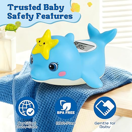 Baby Bath Thermometer, Dolphin Floating Bath Thermometer Baby for Newborns, Waterproof Bath Temperature Monitor with Hot & Cold Safety Alert, Water Temperature Monitor for Baby