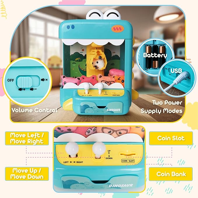 Claw Machine for Kids - Mini Arcade Game - Vending Machine - Candy Grabber Toys - Silent Mode, Lights, USB - Plush Toys & Easter Eggs, Surprise Stickers - Fun Gift for Kids, Boys & Girls (Dinosaur)