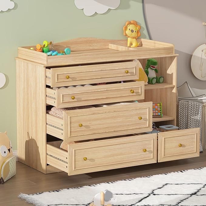 St.Mandyu Wood Changing Table Dresser, Baby Nursery Dresser, Baby Diaper Changing Table, 5 Drawers, Adjustable Shelves, Metal Handle, Curved Wrapping Design, Nature