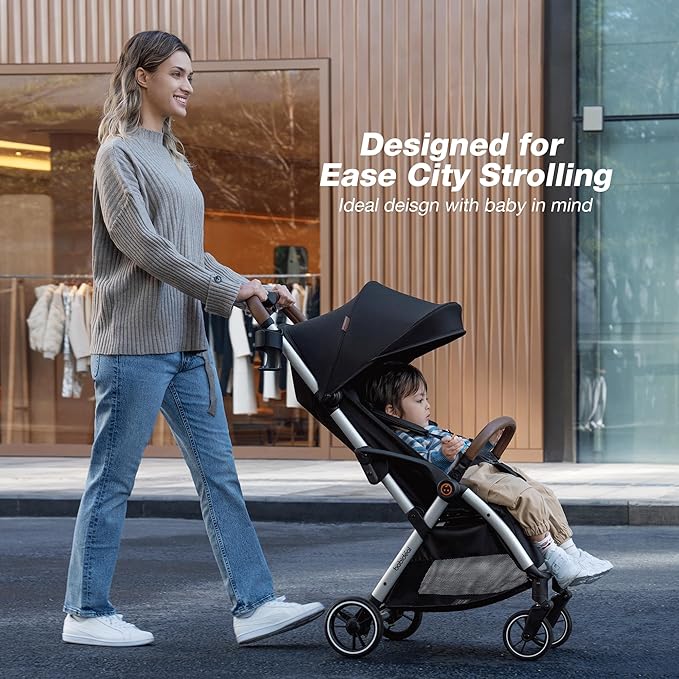 Babideal Lightweight Travel Stroller for Baby, Self-Folding Toddler Stroller with Large Canopy, Full-Reclining Seat, Cup Holder Included - Newborn to 50lbs. (Black)