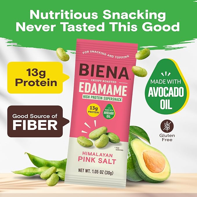 Biena Crispy Roasted Edamame Beans Snack – High Protein Low Carb Snack for Adults & Kids, 13g Protein per Serving - Made w/Avocado Oil – Vegan, Gluten-Free – 10-Pack, 1.05oz Bags, Himalayan Pink Salt