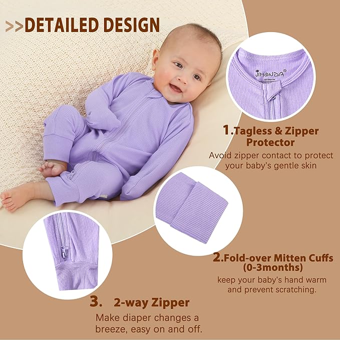 Jimonda Ribbed Rayon From Bamboo Baby Boys/Girls Sleepers, 2-Way Zipper Long Sleeve Footless Pajamas With Mittens Soft Pjs