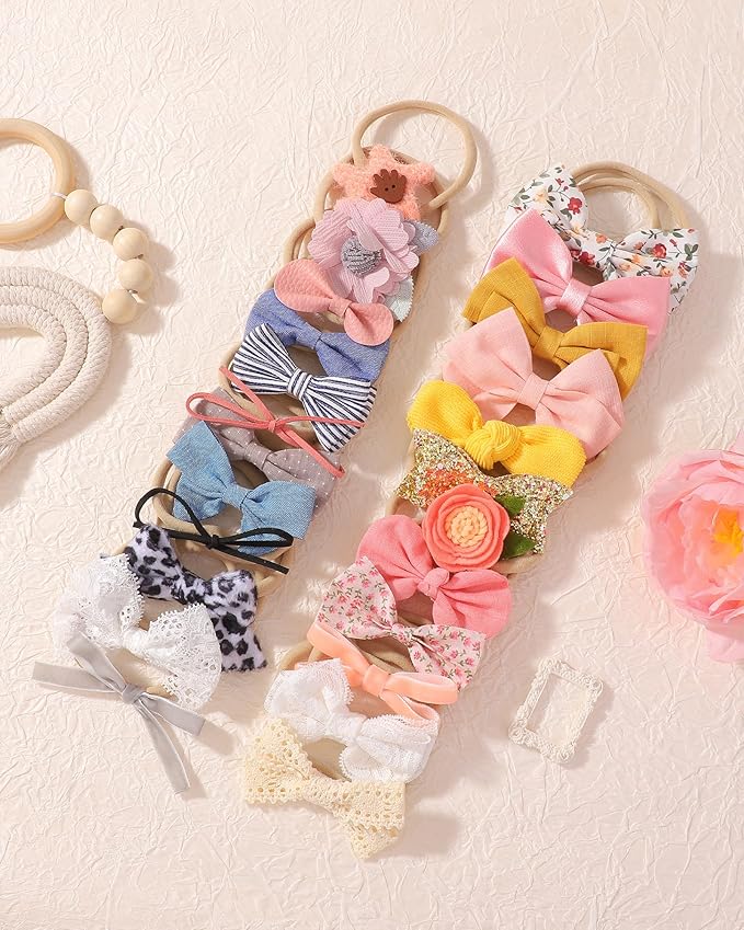 doboi 24pcs Baby Girls Flower and Hair Bows Headbands Soft Nylon Hairbands Elastic Hair Accessories for Newborns Infants Toddlers and Kids