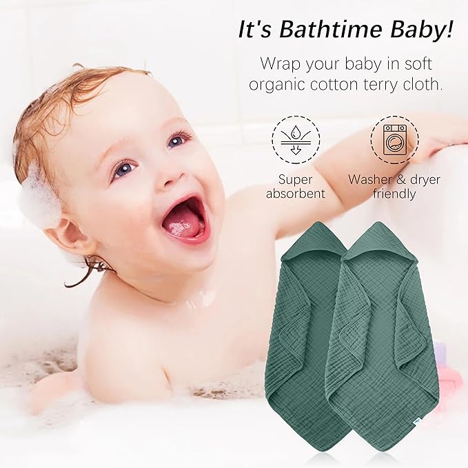 SWEET DOLPHIN Muslin Hooded Baby Bath Towels - 2 Pack 100% Cotton Towel for Babies, Infants, Toddlers - 32x32Inch - Highly Absorbent and Newborn Essential, Deep Emerald