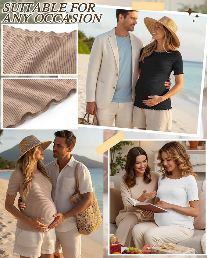 3 Pack Women's Maternity Ribbed Shirts Cotton Short Sleeve Pregnancy Tops Boat Neck Lettuce Trim Mama Clothes