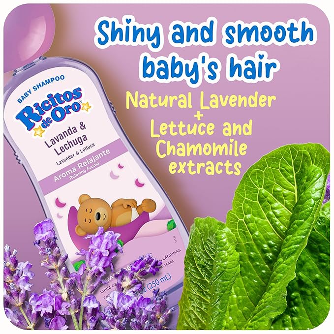 Ricitos de Oro Lavender Baby Shampoo | Nourishes & Softens Baby Hair, Gentle Lavender Scent, Tear Free Formula, Promotes Better Sleep, Includes Rattle Cup, Natural Ingredients, Size 8.45 oz, 3-Pack