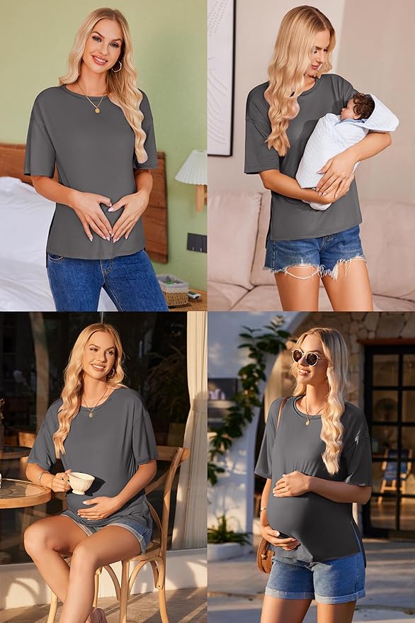 Ekouaer Maternity Shirts 3 Packs Short Sleeve Womens Oversized Pregnancy Tops Split Side Postpartum Blouse Clothes S-XXL