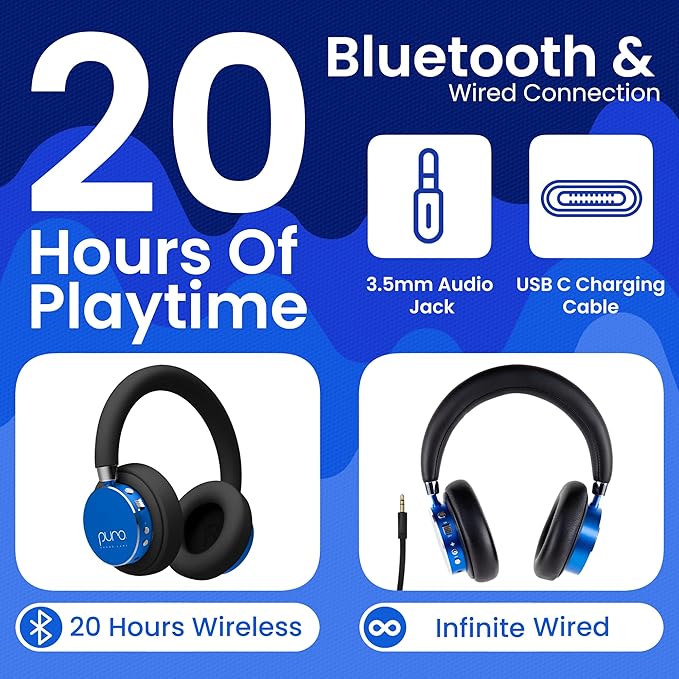 Puro Sound Labs Kids Wireless Headphones – Volume-Limiting 85dB, Built-In Mic, Studio-Grade Sound, 20-Hour Battery Life, Comfortable Fit & Easy to Connect Kids Bluetooth Headphones – BT2200 Plus, Blue