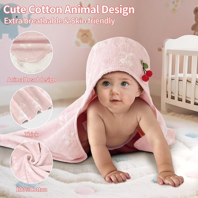 VOOVA & MOVAS Luxury Pink Cherry Baby Hooded Bath Towel - 100% Cotton,420GSM, 30.5x36 Inches,0-2Years, Super Absorbent Large Towel with Hood for Newborn,Infant,Thick, Baby Essentials,Pink Cherry