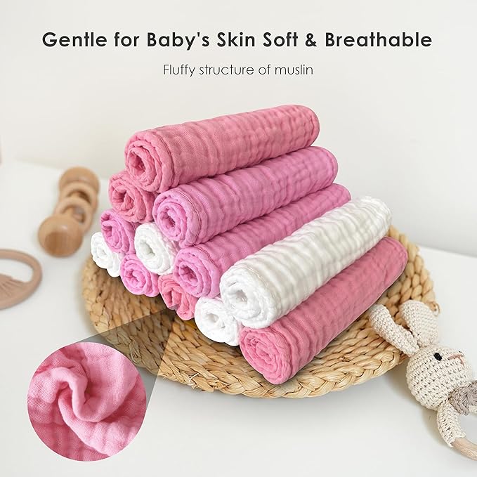 Sunny zzzZZ Baby Muslin Washcloths -100% Cotton Muslin Soft Baby Bath Wash Cloths and Absorbent Burp Cloths for Newborns Kids Girls and Boys -12 Pack, 12x12 Inches - White+Deep Sakura Series