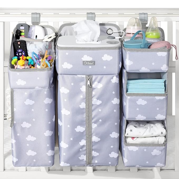Orzbow XL Hanging Diaper Caddy Organizer for Baby Essentials, Removable 3 in 1 Diaper Stacker, Changing Table Organizer for Crib, Playard, Wall, Multi-Compartments, Two Hang Ways, Grey Cloud