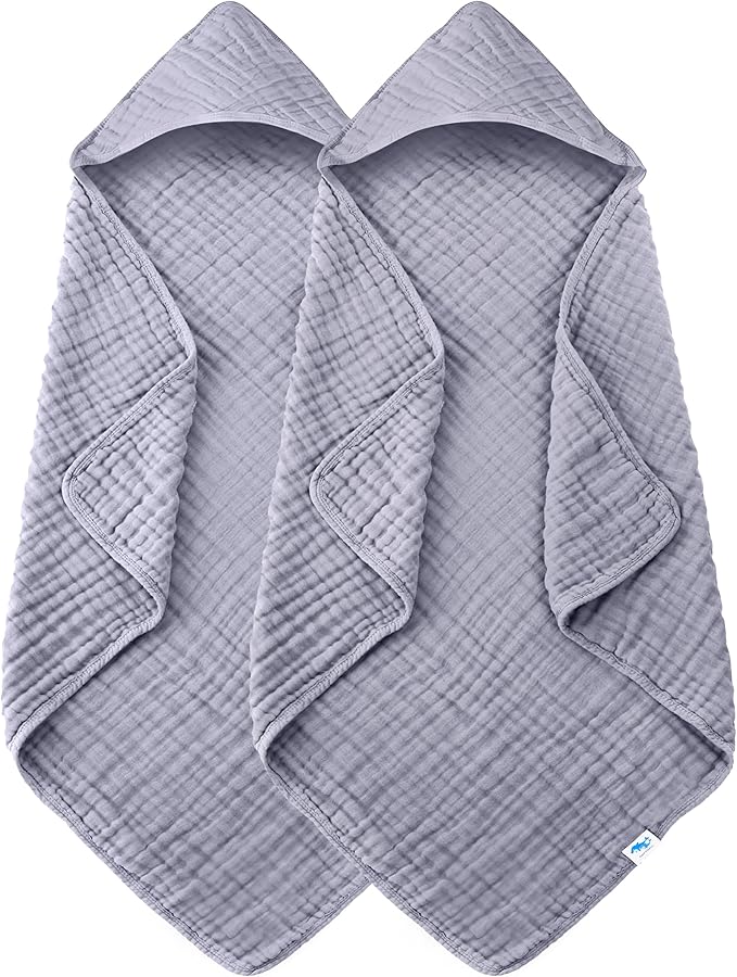 SWEET DOLPHIN Muslin Hooded Baby Bath Towels - 2 Pack 100% Cotton Towel for Babies, Infants, Toddlers - 32x32Inch - Highly Absorbent and Newborn Essential, Grey