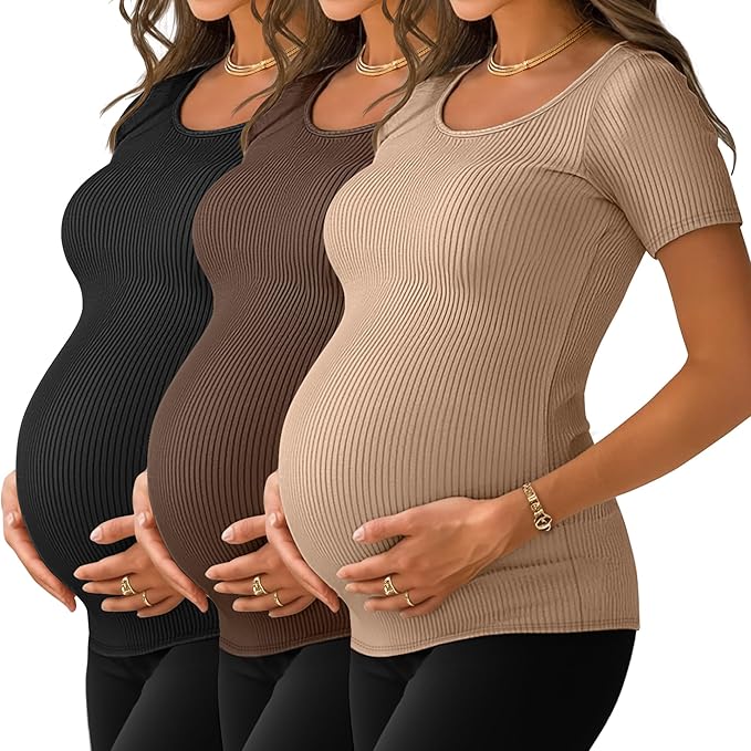 Neer 3 Pack Women's Ribbed Maternity Tops Pregnancy Round Neck Shirts Short Sleeve Soft Maternity Clothes for Mama