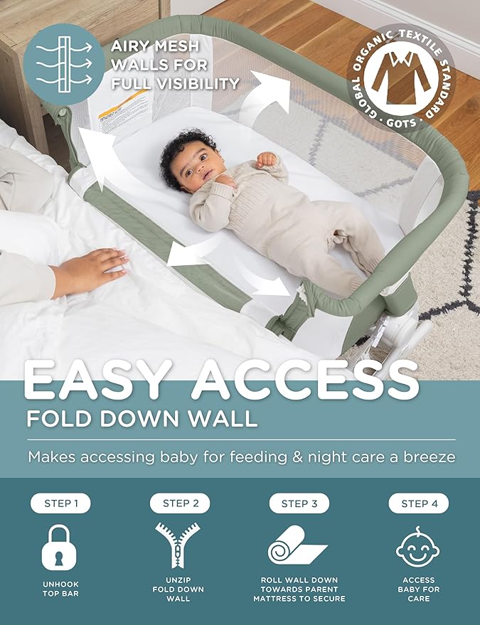 Baby Delight Beside Me Dreamer Bassinet | Bedside Sleeper & Baby Bassinet | 6-Position Height Adjustment | 100% GOTS Certified Organic Cotton Fabric | Organic Sage