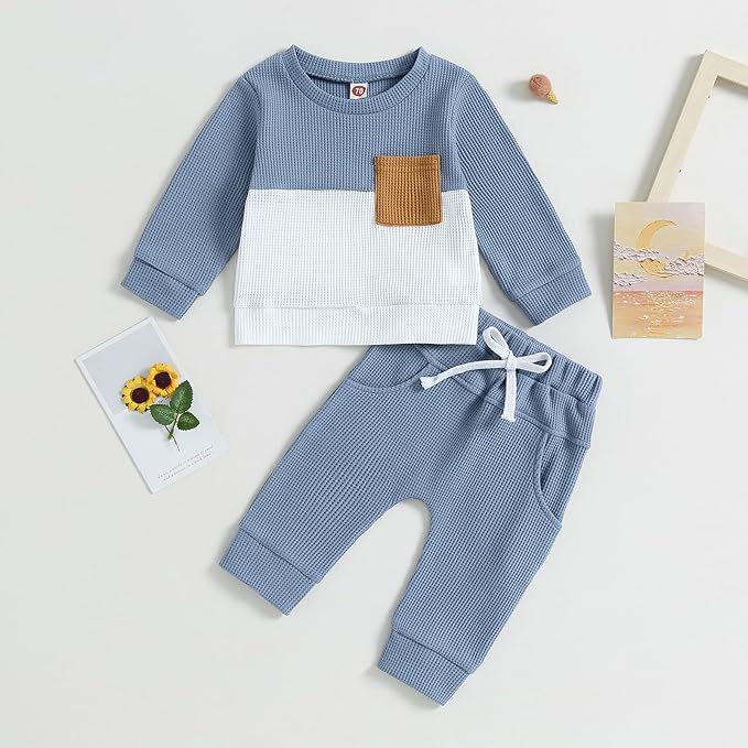 Toddler Baby Boy Fall Outfit Long Sleeve Crew Neck Contrast Color Sweatshirt Top Pant Cute Newborn Infant Waffle Clothes