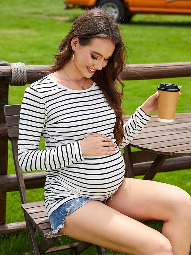 3 Pack Maternity Shirts Long Sleeve Pregnancy Top for Women with Crew Neck Casual Tee Shirts