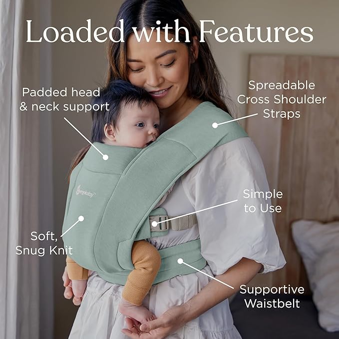 Ergobaby Embrace Baby Carrier Newborn to Toddler - Lightweight Ergonomic Baby Carriers - Cozy Essentials (7-25 Pounds), Ponte Knit, Jade Green