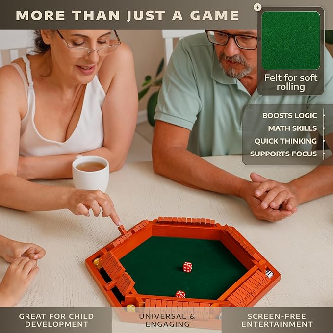 Shut The Box Game Wooden Board for 1-6 Players - 16-inch Shut The Box Game 12 Numbers for Adults & Kids - Ideal for Games Night