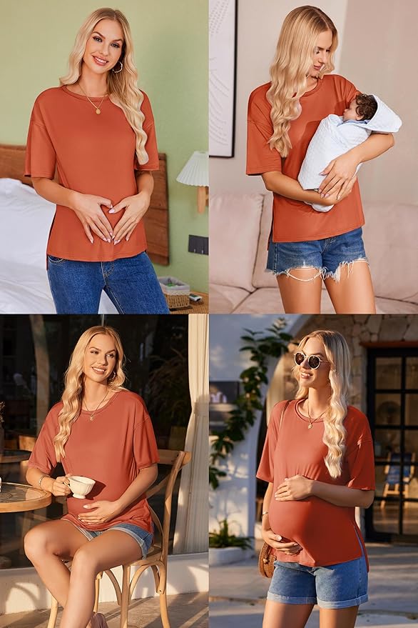 Ekouaer Maternity Shirts 3 Packs Short Sleeve Womens Oversized Pregnancy Tops Split Side Postpartum Blouse Clothes S-XXL