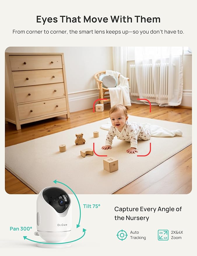Dr.Care VistaView Smart WiFi Baby Monitor with 2 Cameras- 5” 1080P Split Screen & 2K Camera App Control, Cry & Motion Alerts, Night Vision, 2-Way Talk, Triple Security, 1279ft Range
