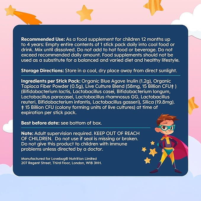 LOVEBUG Kids Probiotic Powder with Prebiotic Fiber - Toddler Immunity Support & Constipation Relief - USDA Organic Probiotics for Childrens Gut & Digestive Health (Ages 1-4) - 60 Pack (Unflavoured)