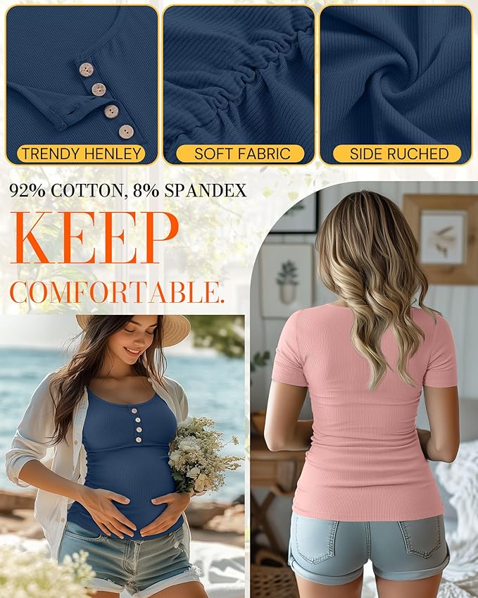 4 Pack Womens Maternity Shirts Scoop Neck Cotton Short Sleeve Ribbed Pregnancy Top Henley Side Ruched Mama Clothes